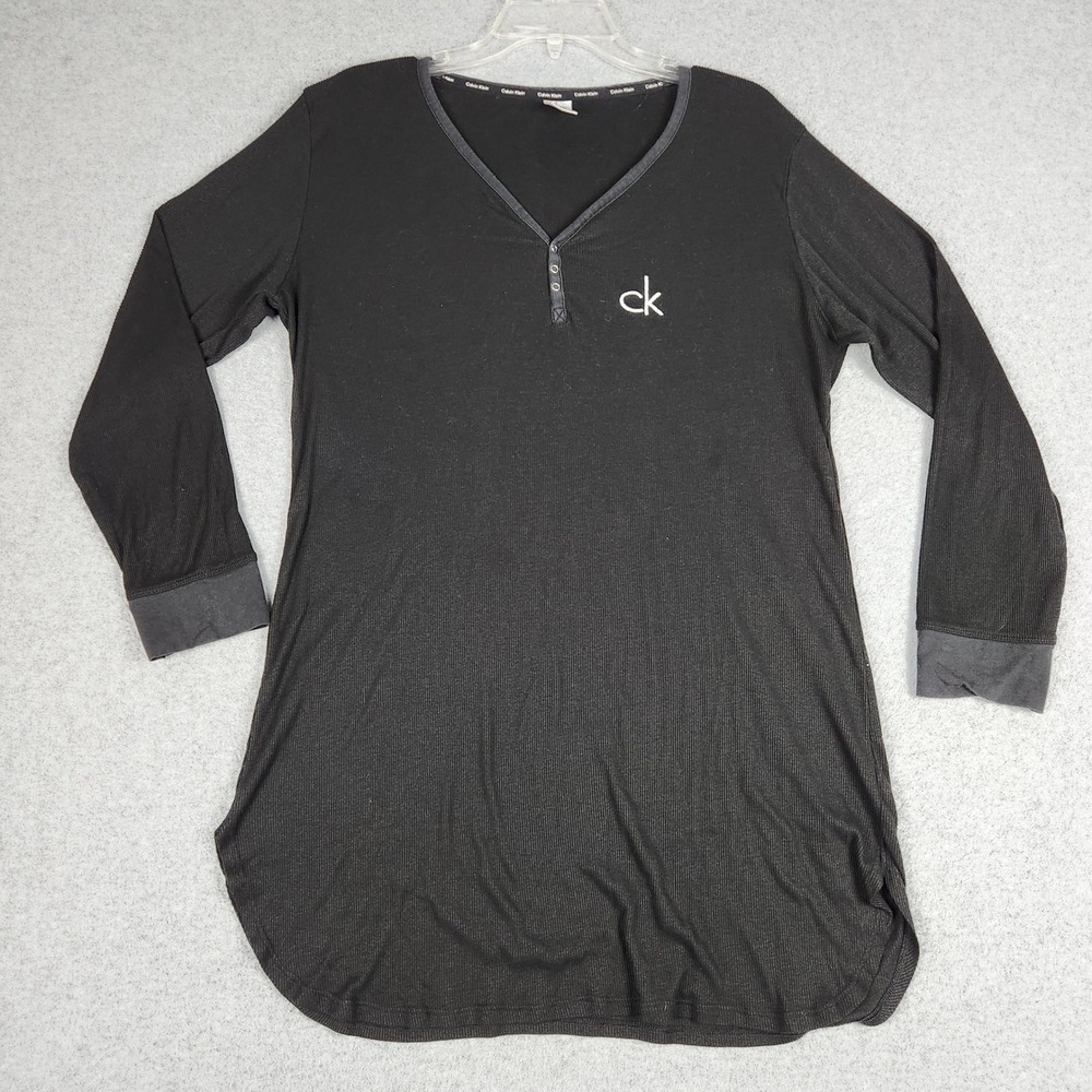Calvin Klein Sleepwear Henley Shirt Womens Large Black Ribbed Logo‎ Long Sleeve